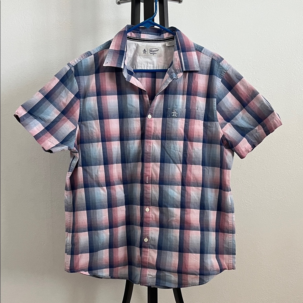 Original Penguin Men's Blue and Pink Plaid Shirt